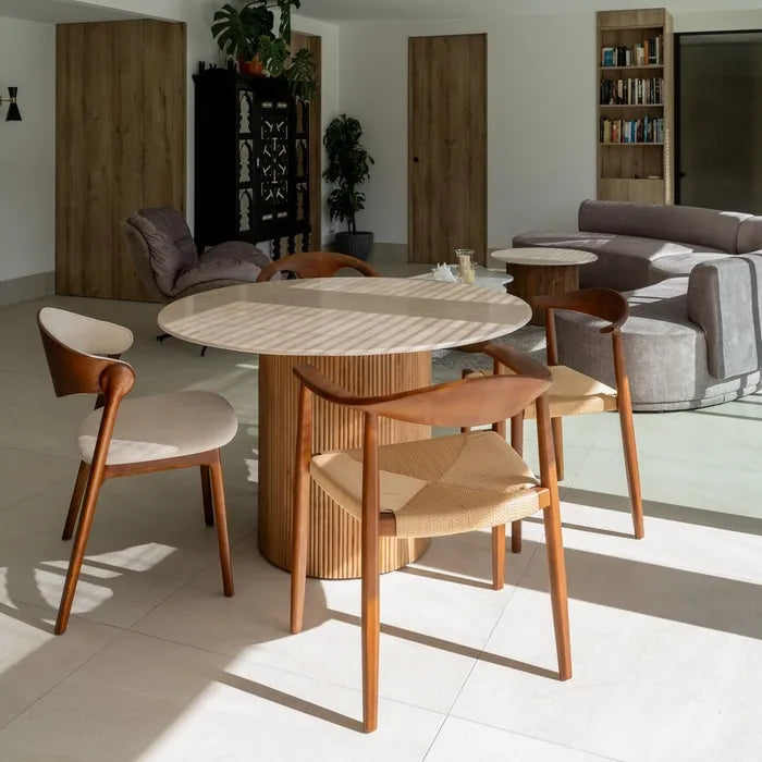 LERMA - Mesa de comedor redonda de mármol crema y madera de mango 120 cm