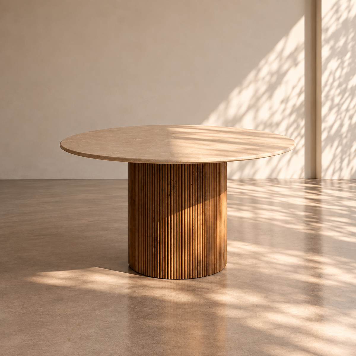LERMA - Mesa de comedor redonda de mármol crema y madera de mango 120 cm