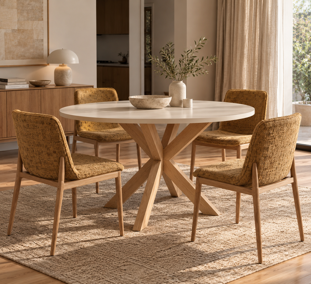 MAIRENA - Mesa de comedor redonda blanca 120 cm, patas de madera