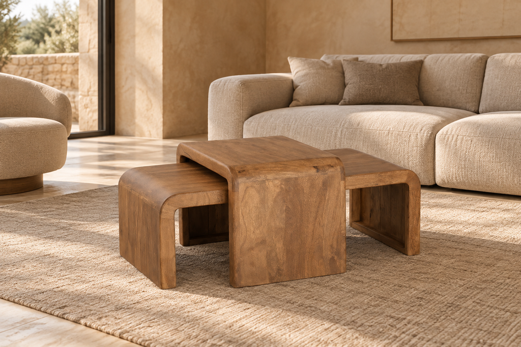 PEILLON - Juego de 2 mesas de centro pequeñas de madera de mango 120 x 55 x 40 cm