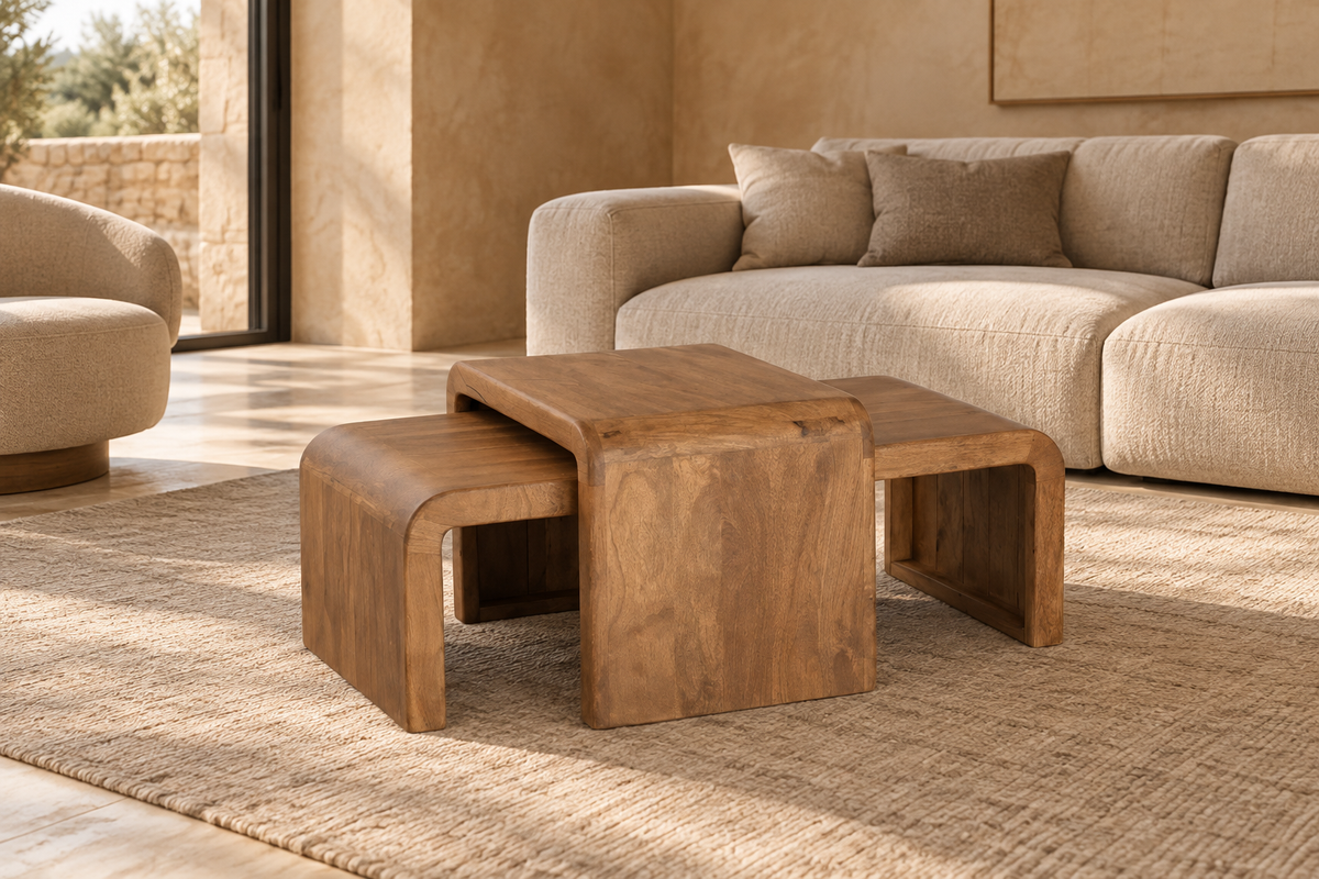 PEILLON - Juego de 2 mesas de centro pequeñas de madera de mango 120 x 55 x 40 cm