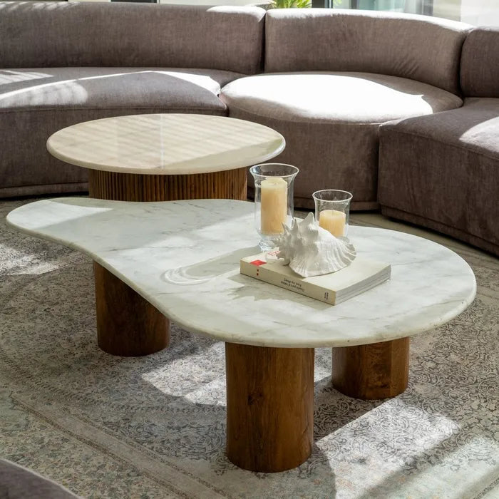 ARGES - Mesa de centro de mármol y madera natural 135 x 80 x 35 cm