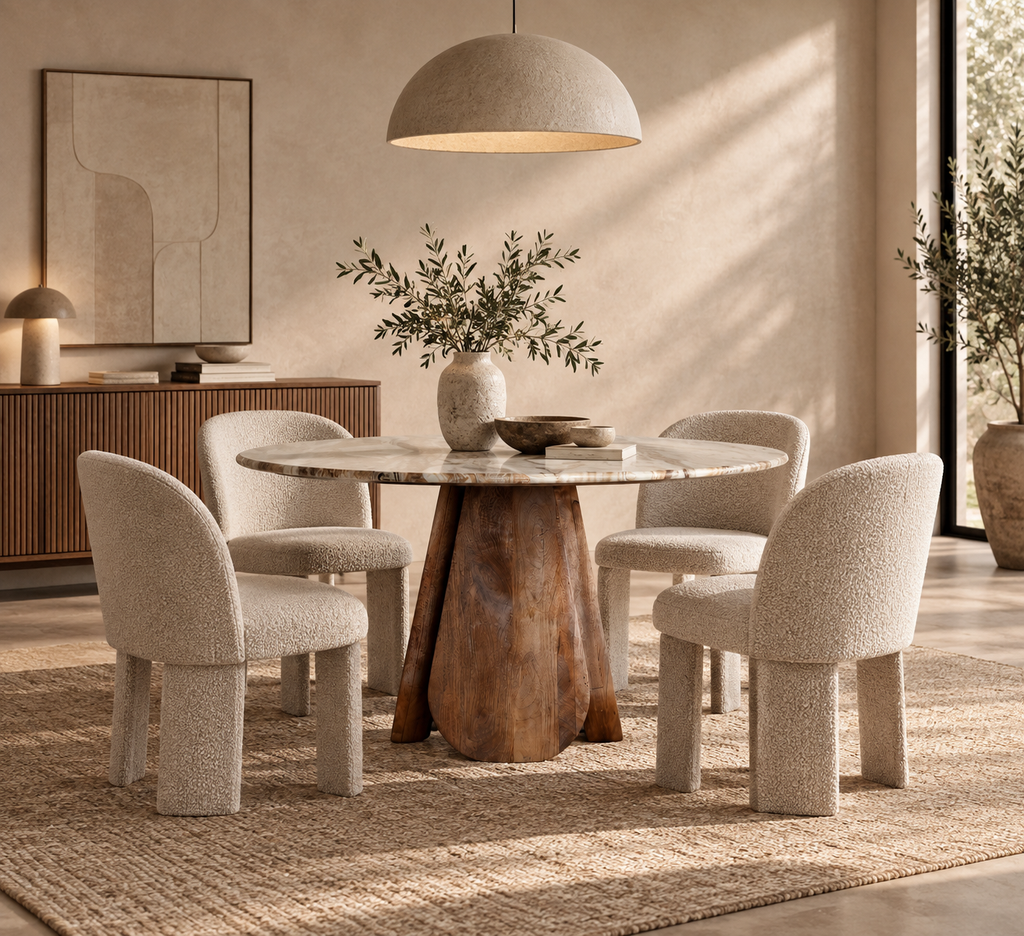 BELMEZ - Table à manger ronde en bois de manguier et marbre gris 130 cm