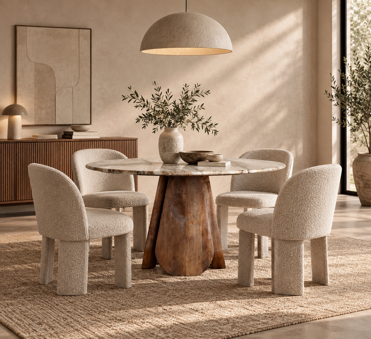 BELMEZ - Table à manger ronde en bois de manguier et marbre gris 130 cm