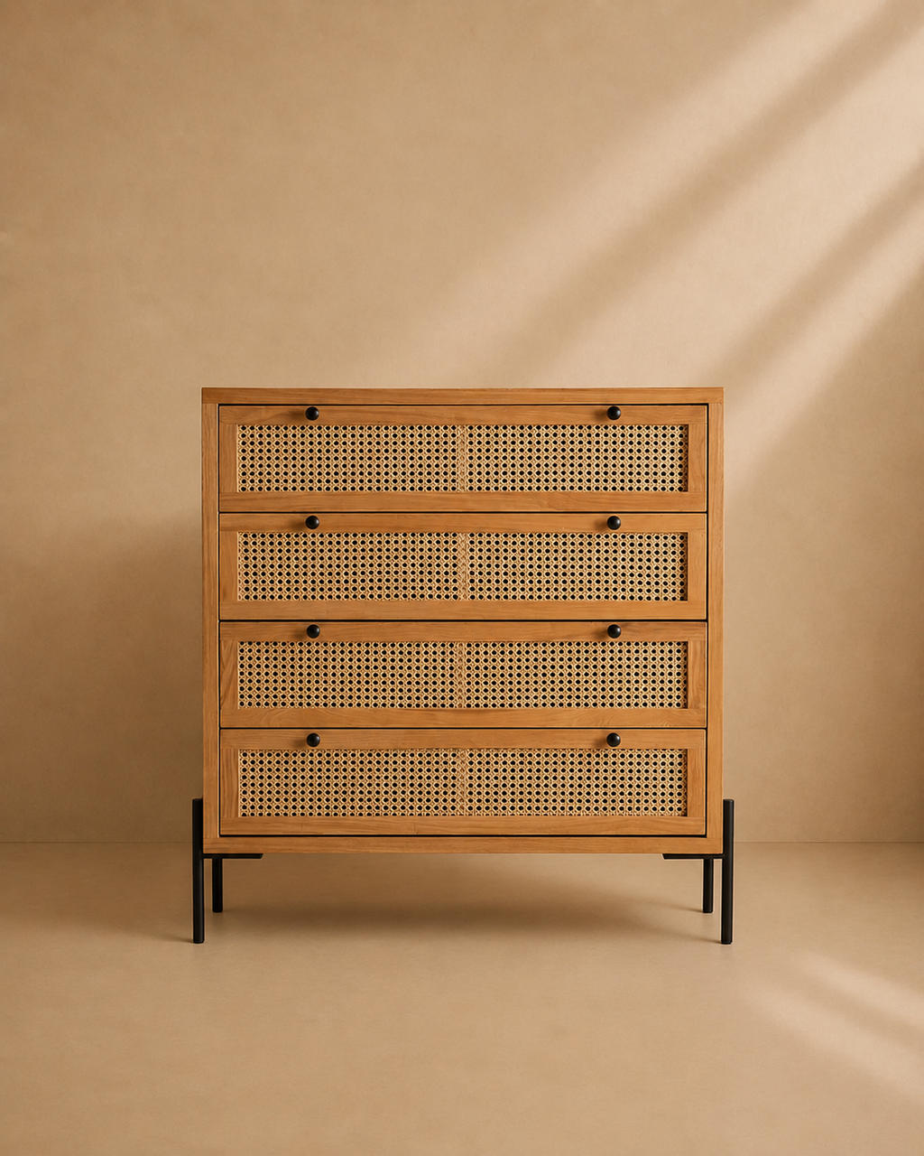 LUESIA - Commode 4 tiroirs en bois et cannage 100 cm