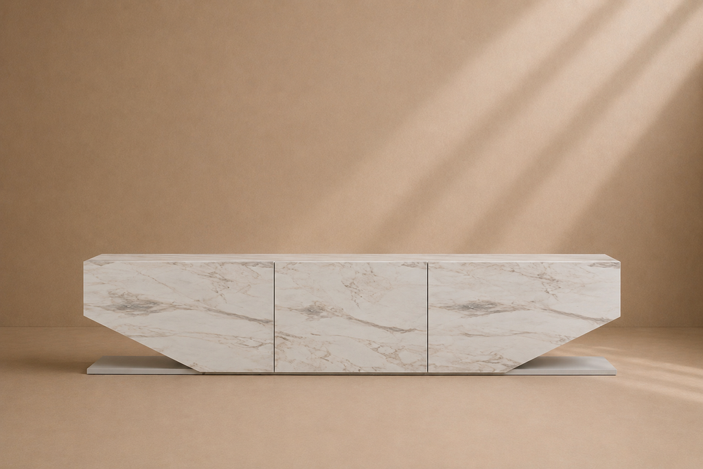 MELIA - Meuble TV design en mélaminé blanc effet marbre 180 cm