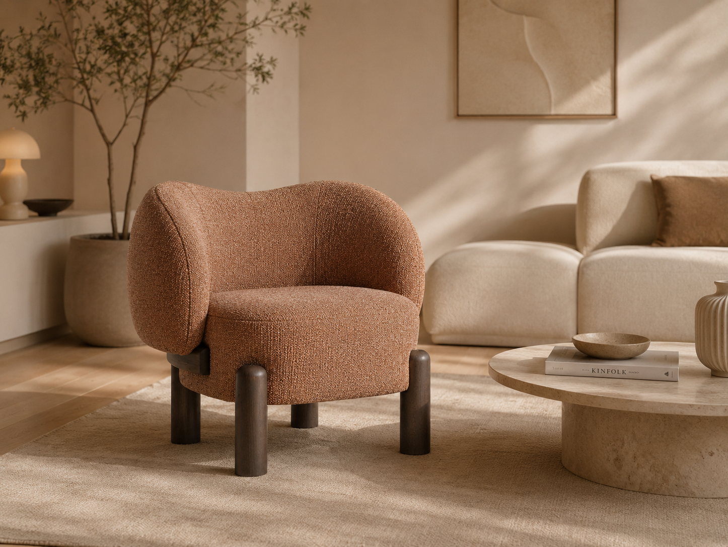 SIABAL - Fauteuil design terracotta en bois de frêne – pour salon, hôtel, réception