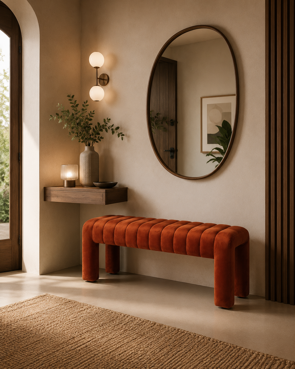 CORI - Banc d’entrée design en velours ambré 127 cm
