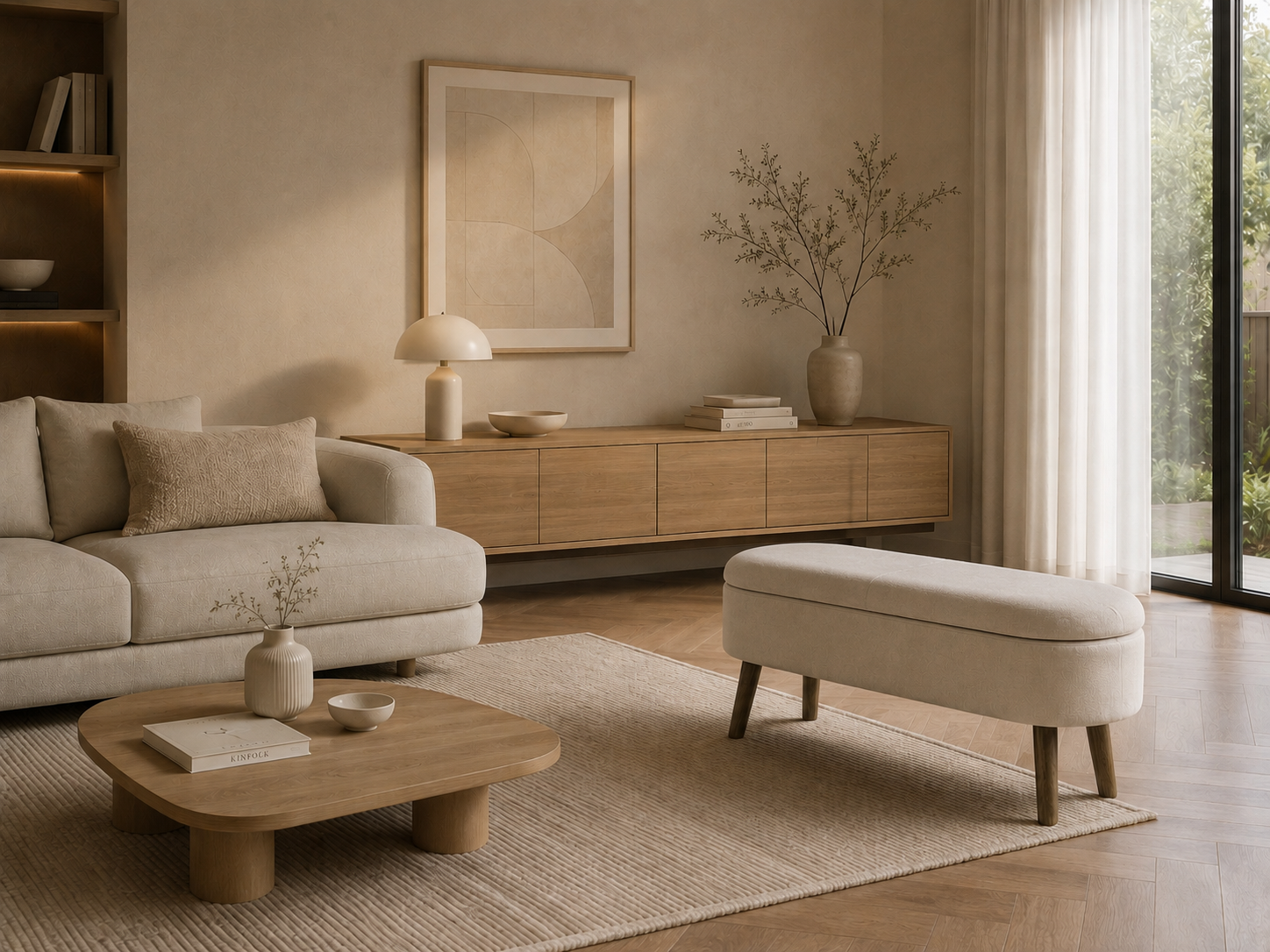 COVA - Banc coffre en chenille beige 110 × 40 × 42 cm – Élégance, confort et rangement au quotidien