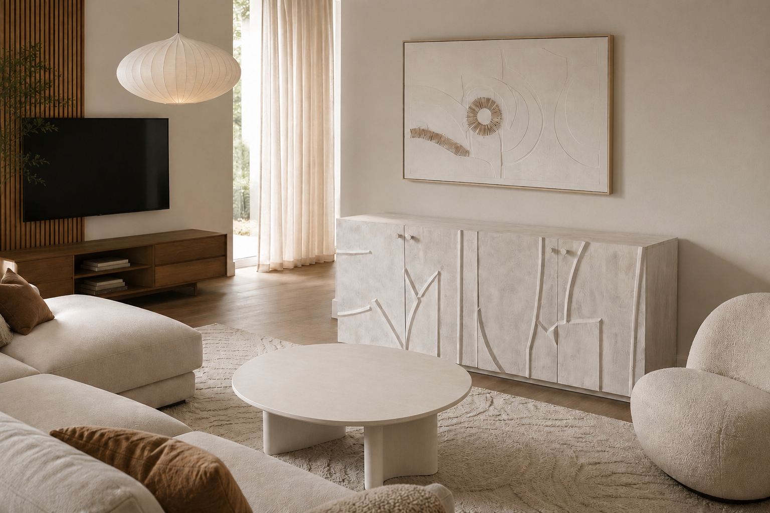 ORIA - Buffet 4 portes en bois de manguier sculpté 180 cm – Design contemporain
