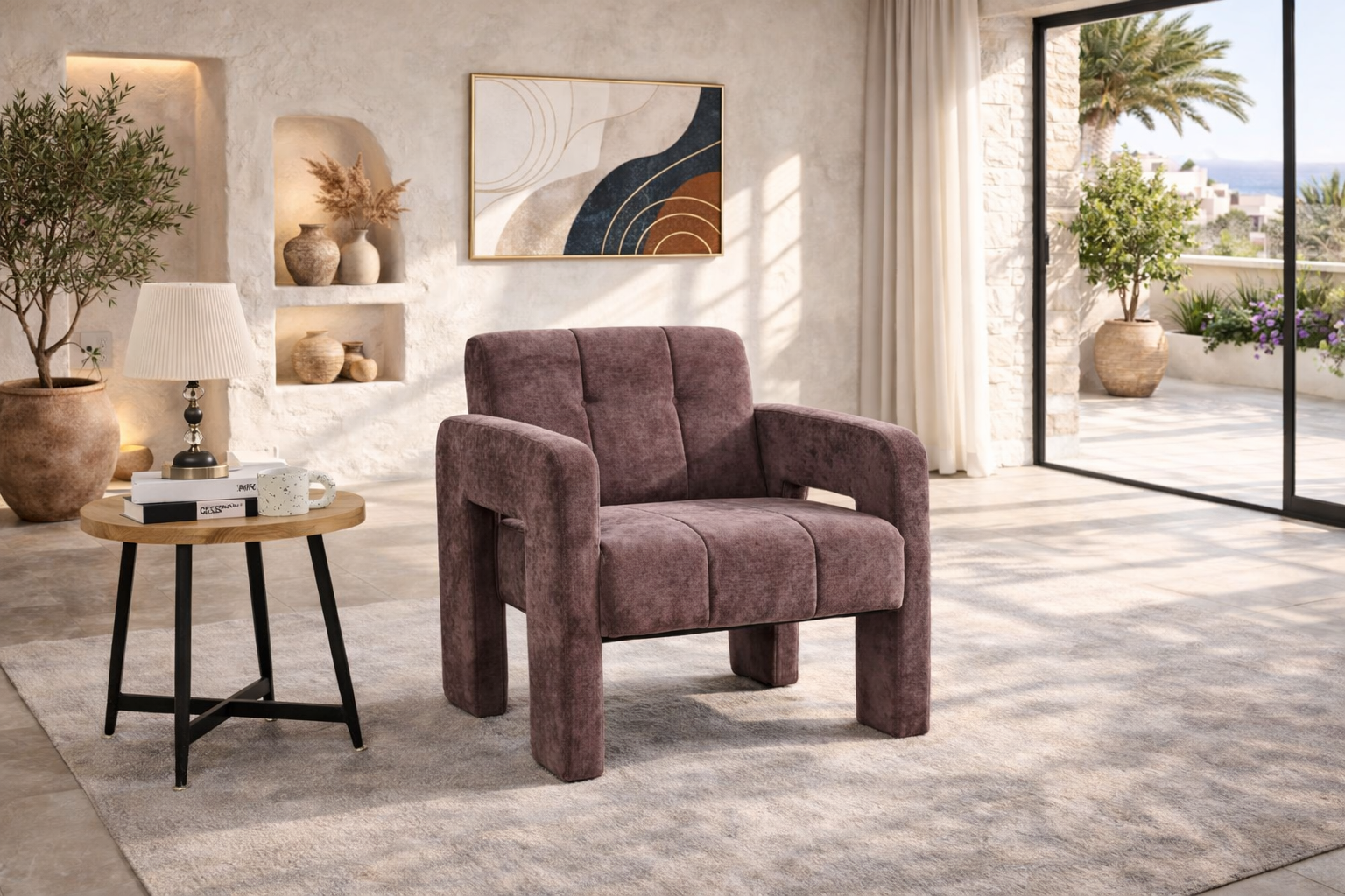 RUMA - Sillón elegante y moderno en chenilla acolchada.