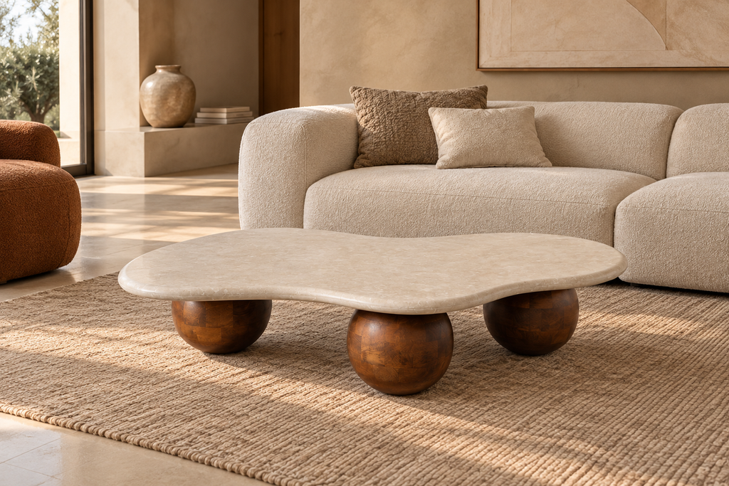 VIMIOSO - Mesa de centro de mármol y madera para salón 119 x 81 x 27 cm