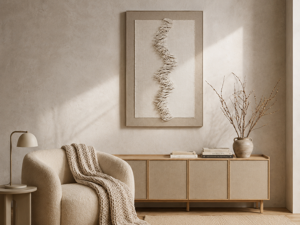 COLLIAS - Cadre mural abstrait en relief 90x140 cm – Art textile en cordon blanc