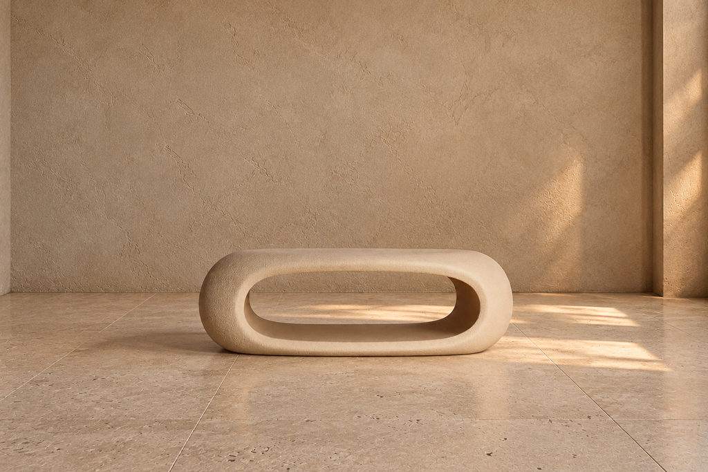RADONA - Mesa de centro escultural beige de fibra de vidrio y resina 108 cm