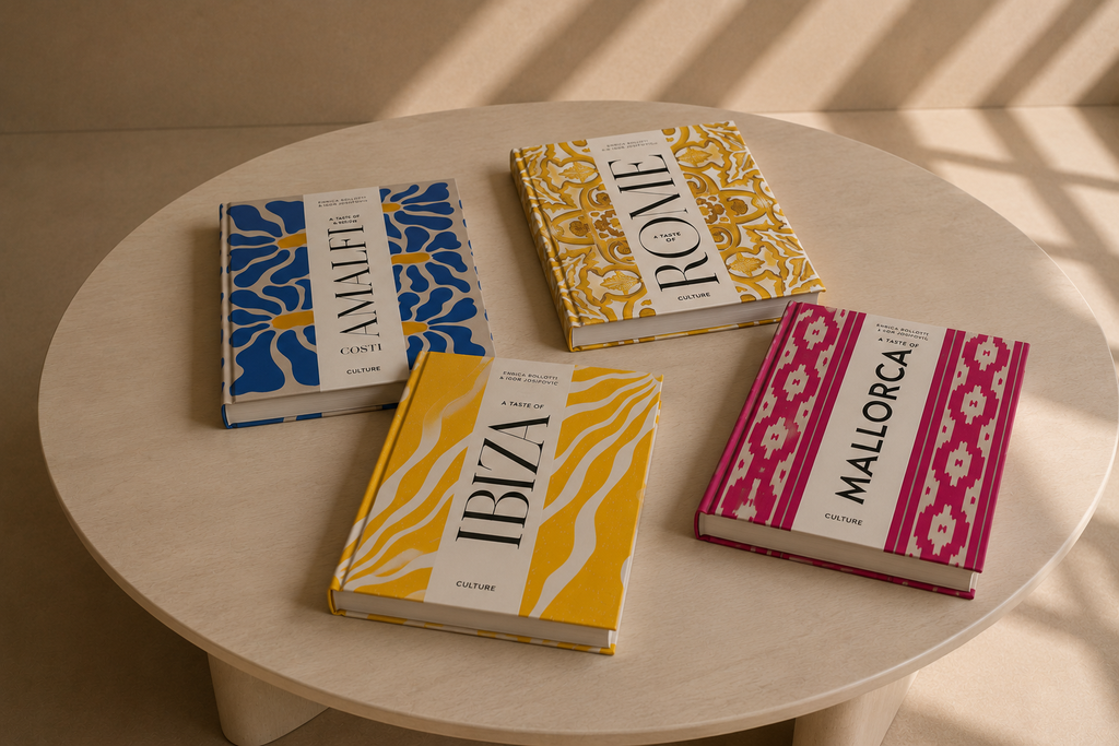 MEDIT - Juego de 4 libros decorativos "A Taste Of" – Amalfi, Roma, Ibiza y Mallorca (25 × 28 cm)