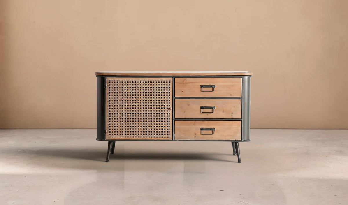 COTEA - Aparador industrial de madera de abeto y metal con 1 puerta y 3 cajones 118 cm