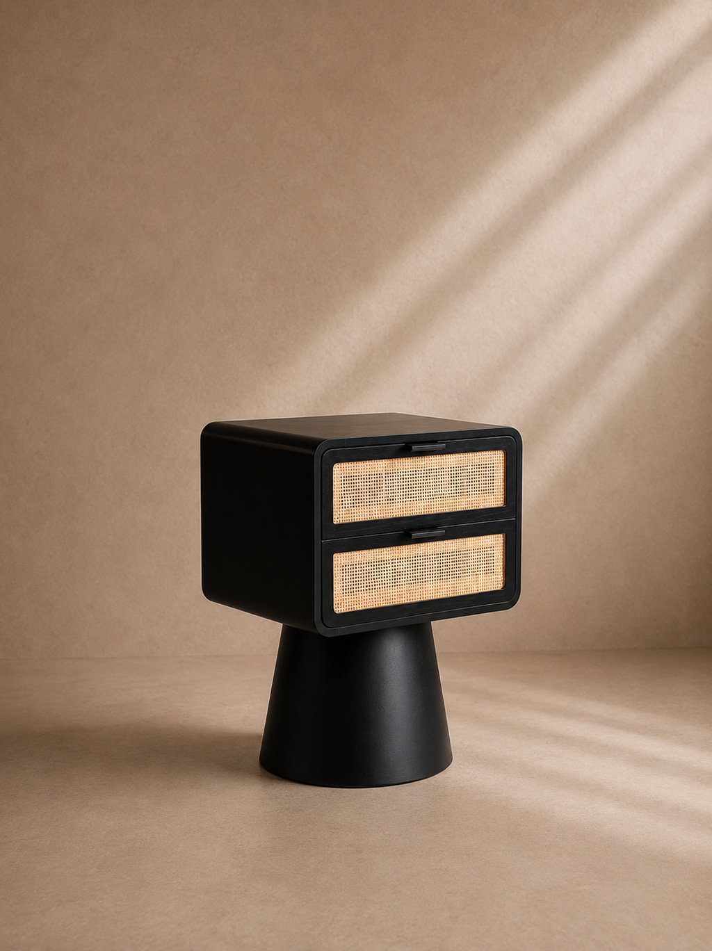 OROL - Mesita de noche de diseño en madera de pino negro y ratán natural