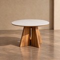 TIEDRA - Mesa de comedor redonda de cerámica blanca y madera natural 120 cm