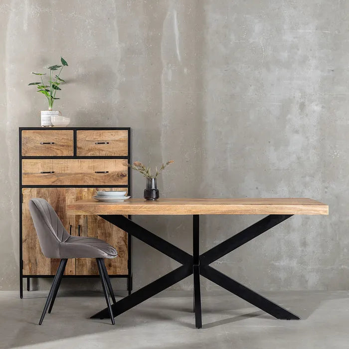 NAJAC - Mesa de comedor natural negro madera hierro 160 x 90 x 79 cm