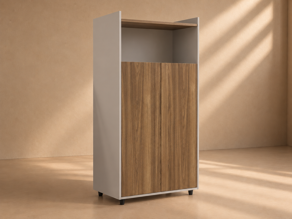 NOEZ - Armoire haute de rangement gris clair et bois 142 cm - miel et cacao