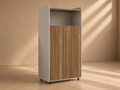NOEZ - Armoire haute de rangement gris clair et bois 142 cm - miel et cacao