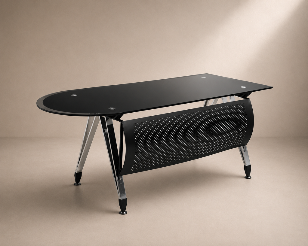 MECO - Bureau dest-on en verre noir et acier inoxydable 180 cm