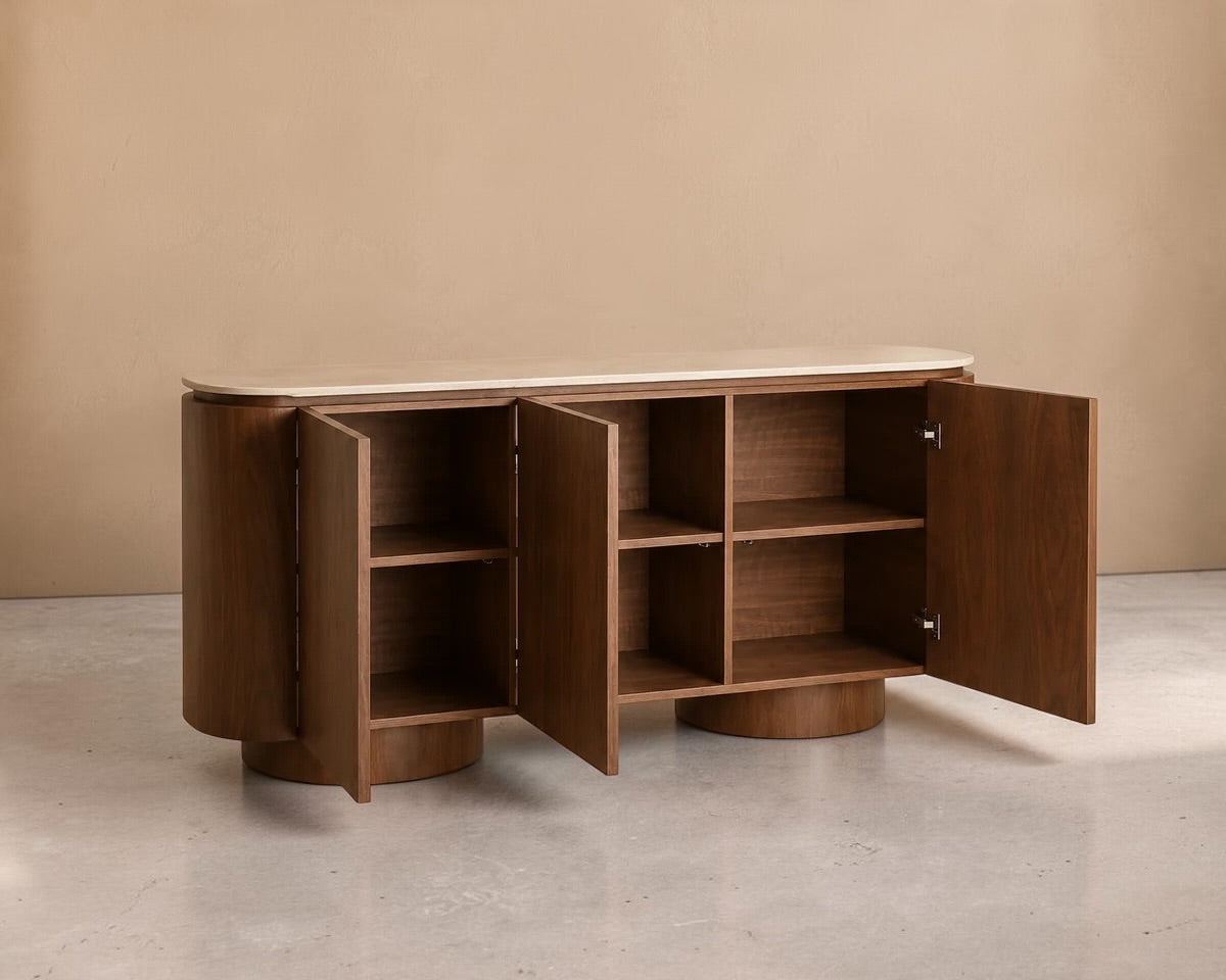 BARAS - Aparador de design 180cm em madeira com acabamento nogueira e mármore sintético bege