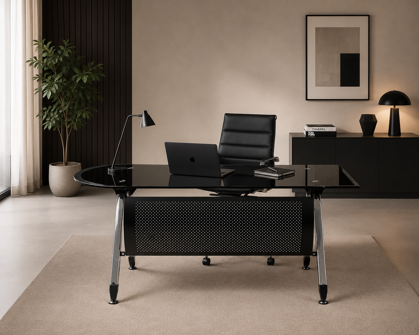 MECO - Bureau dest-on en verre noir et acier inoxydable 180 cm