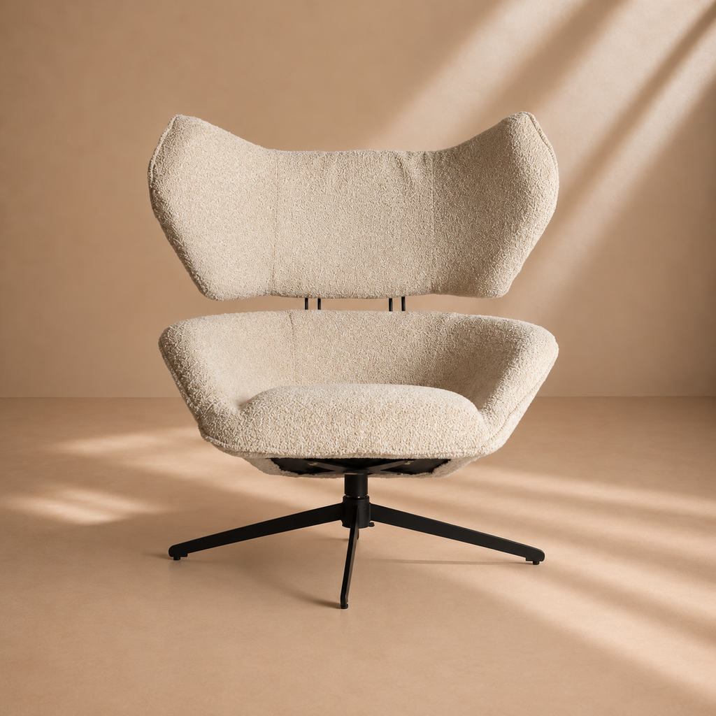 LLERA - Sillón giratorio de bouclé color crema – Diseño contemporáneo y elegante
