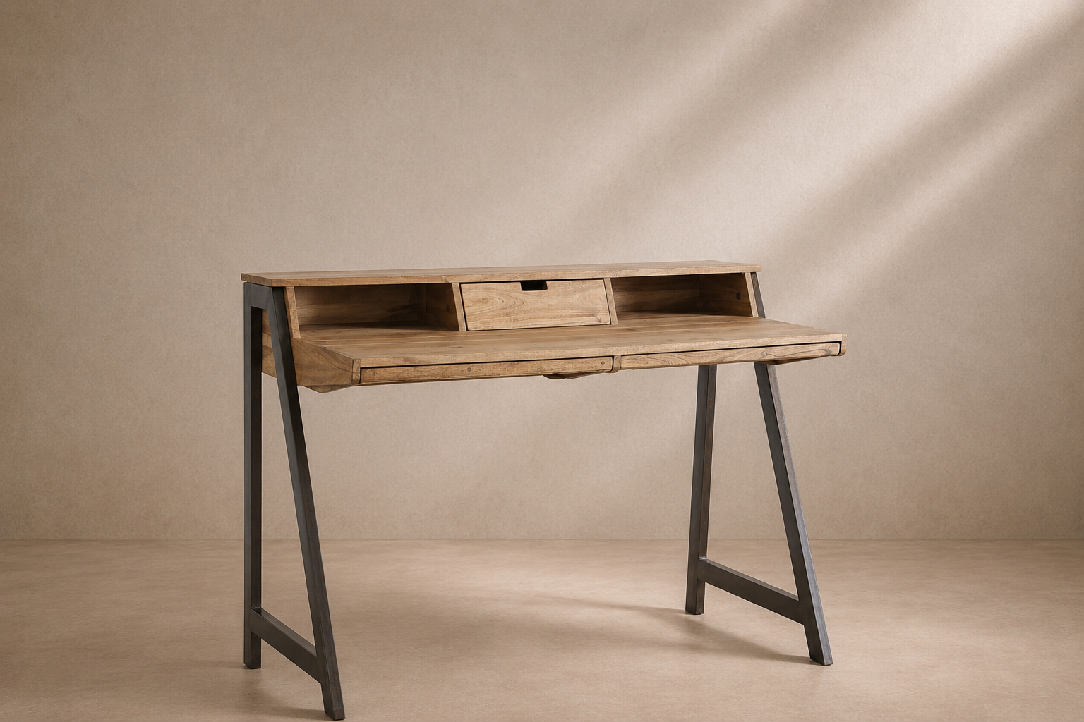 RONZ - Escritorio de diseño industrial de acacia y metal – Elegancia natural para tu espacio de trabajo