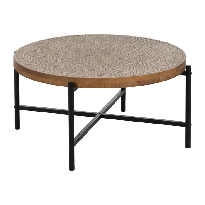 MONTSEL - Mesa de centro en metal y madera, acabado natural y negro, 89 x 89 x 42,50 cm