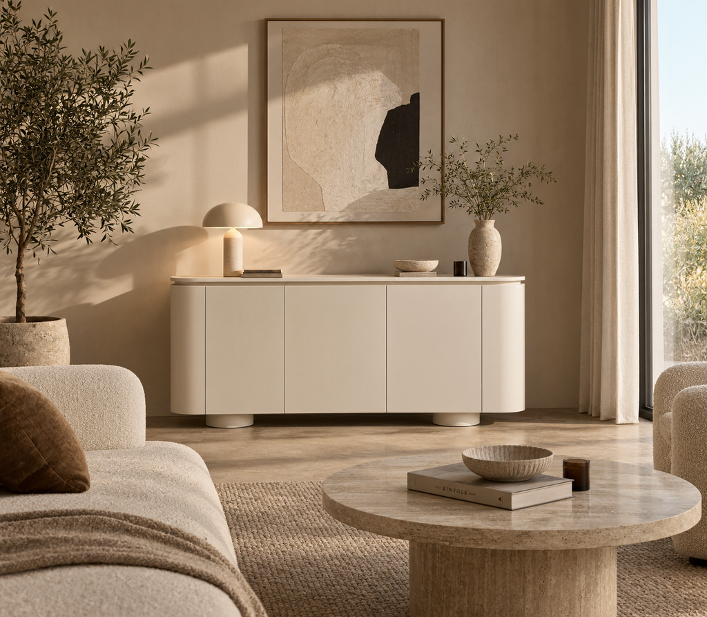 MAIANS - Aparador de diseño minimalista redondeado blanco / beige arena 150 cm