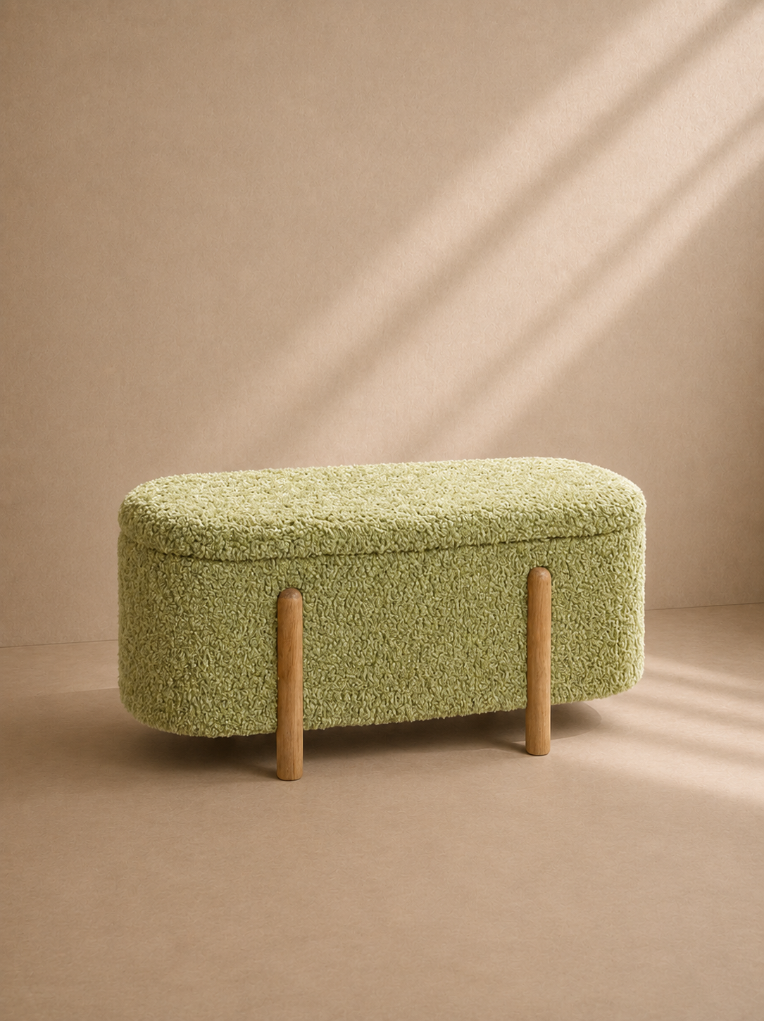 LASTRES - Déchaussoir coffre en bouclette verte – Banc de rangement design avec assise rembourrée