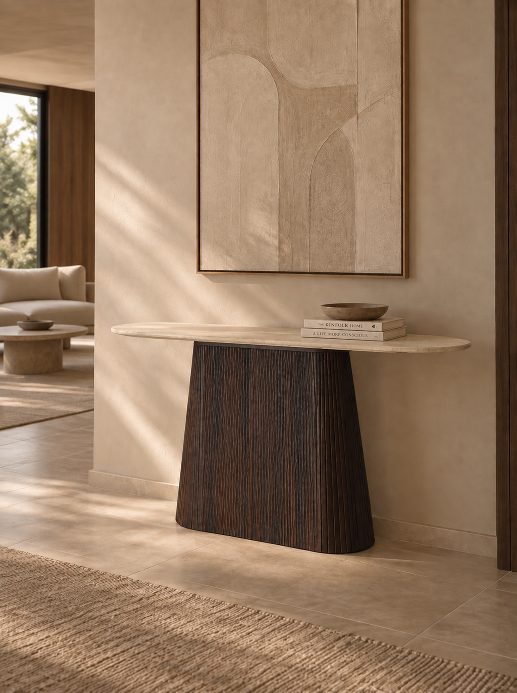 SIMA - Consola de diseño en madera marrón y mármol beige de 150 cm