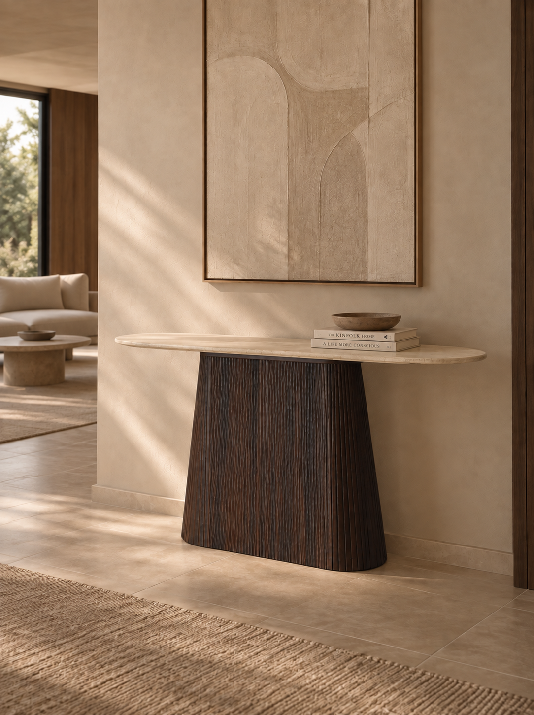 SIMA - Consola de diseño en madera marrón y mármol beige de 150 cm