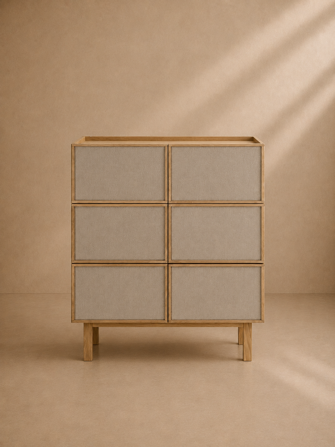 CHAVIN - Cómoda de 6 cajones de tela y madera efecto roble