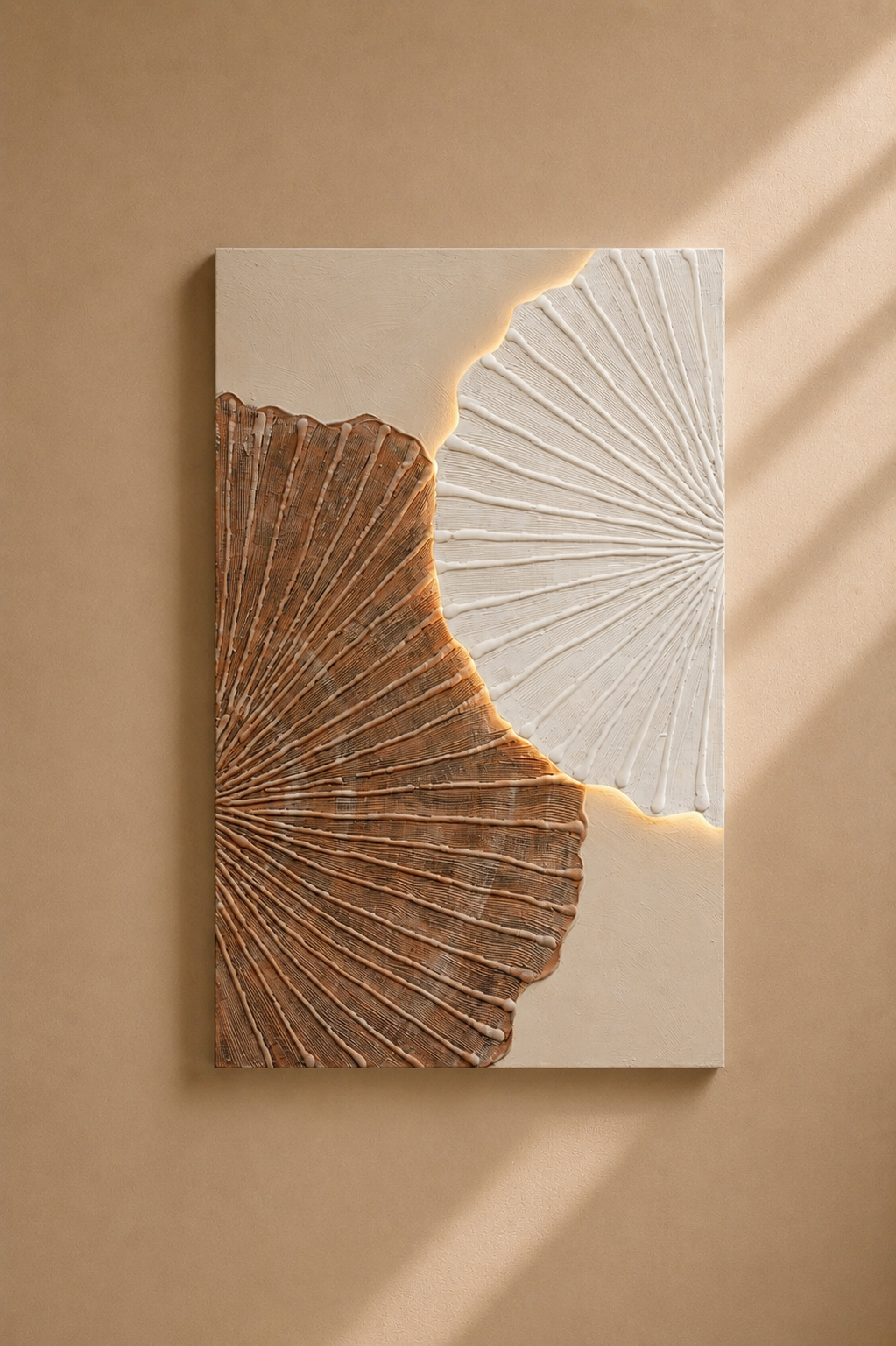 CORIA - Huile Abstraite Nénuphars Blanc & Marron LED – Tableau Texturé 80x120 cm