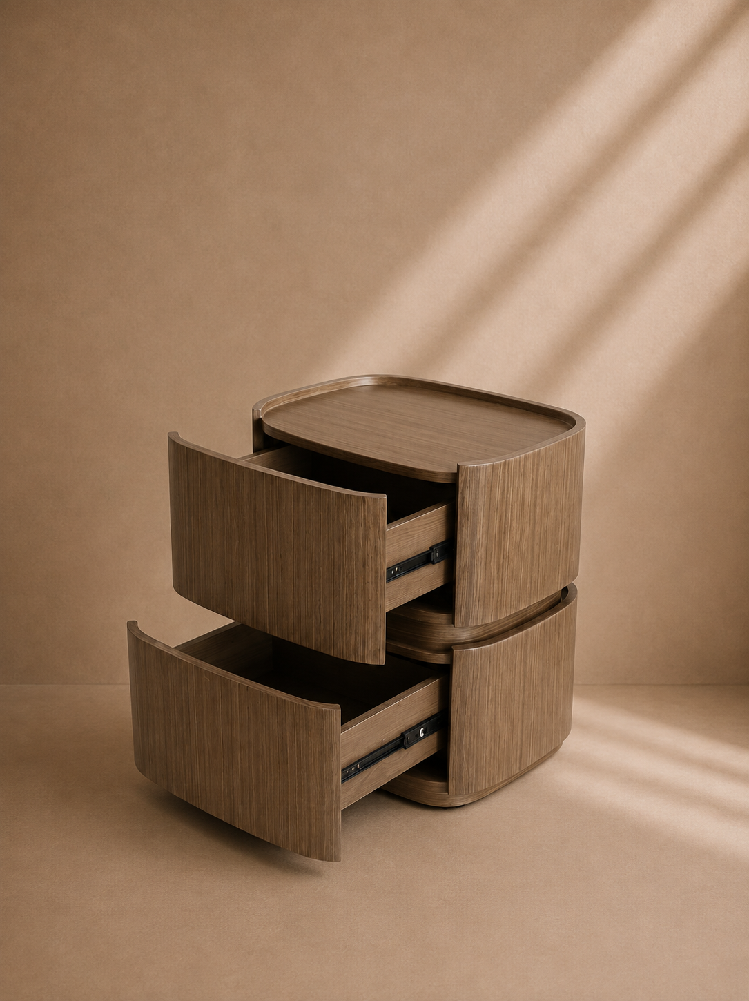 FRADES - Mueble auxiliar / mesita de noche ovalada de madera de nogal 50 × 40 × 55 cm