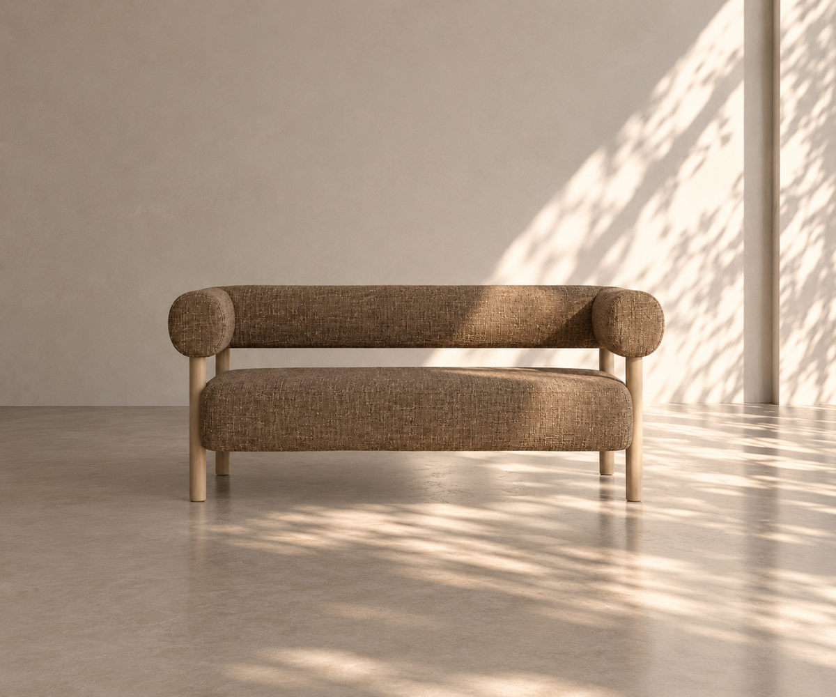 TRILLO - Canapé 2 places caramel 143 cm – Tissu texturé & pieds bois