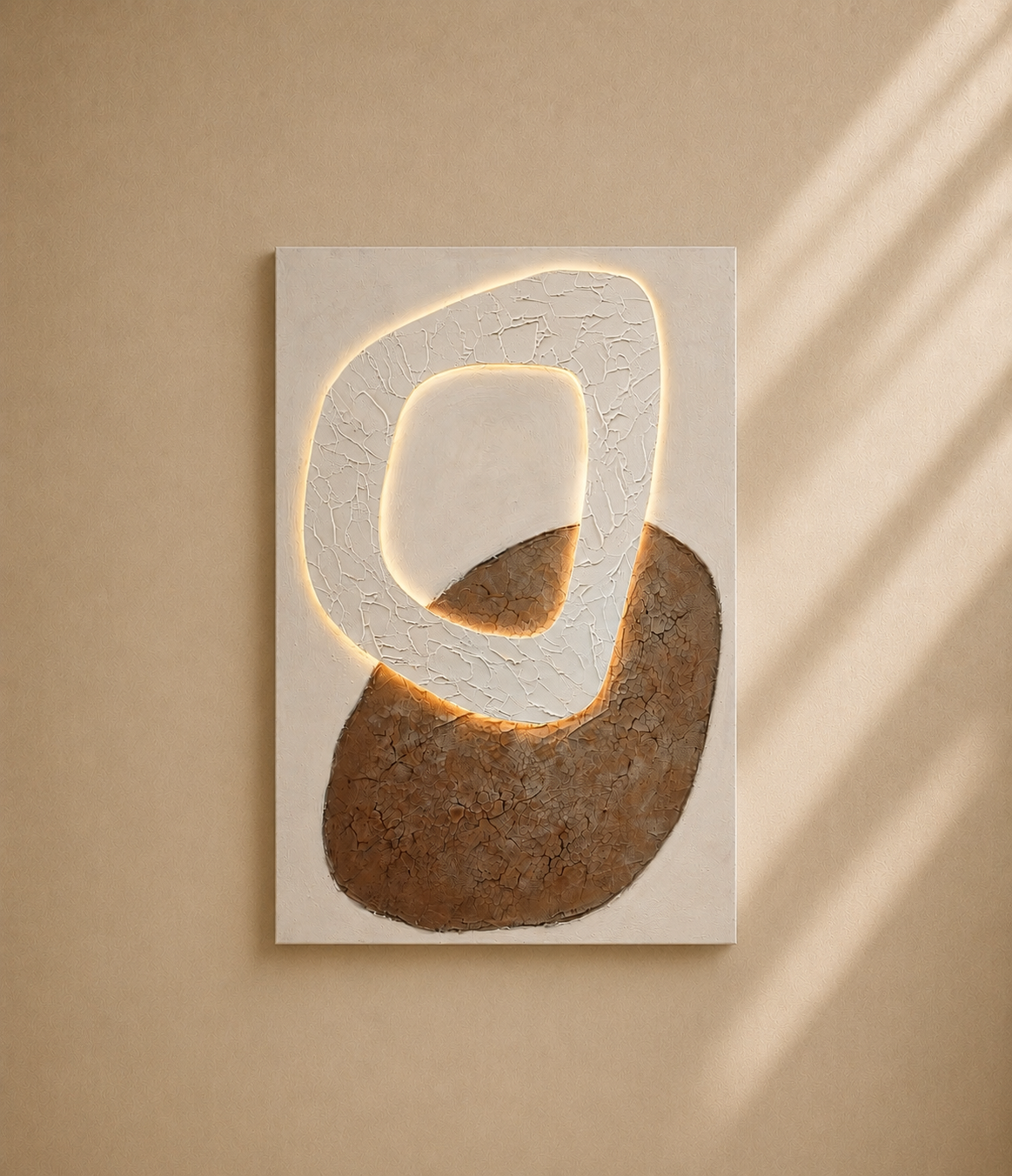 LIRAC - Cuadro abstracto LED blanco y marrón – Lienzo texturizado de diseño 100x150 cm