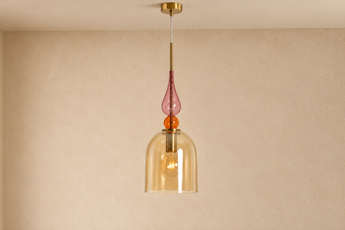 OLVERA - Suspension en verre ambré et rouge avec fer doré 68 cm