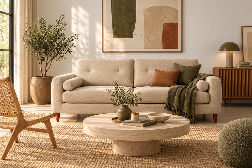 ARAHAL - Sofá color crema de tela y estructura de madera de eucalipto