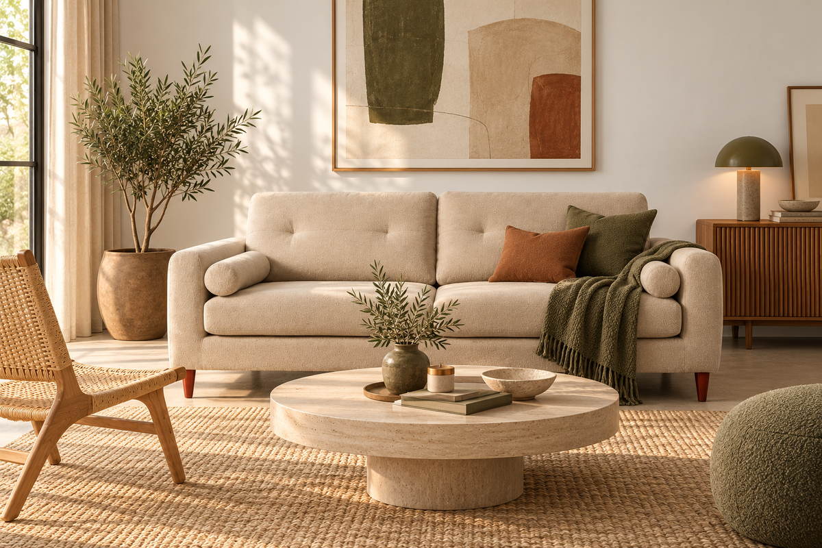 ARAHAL - Sofá color crema de tela y estructura de madera de eucalipto