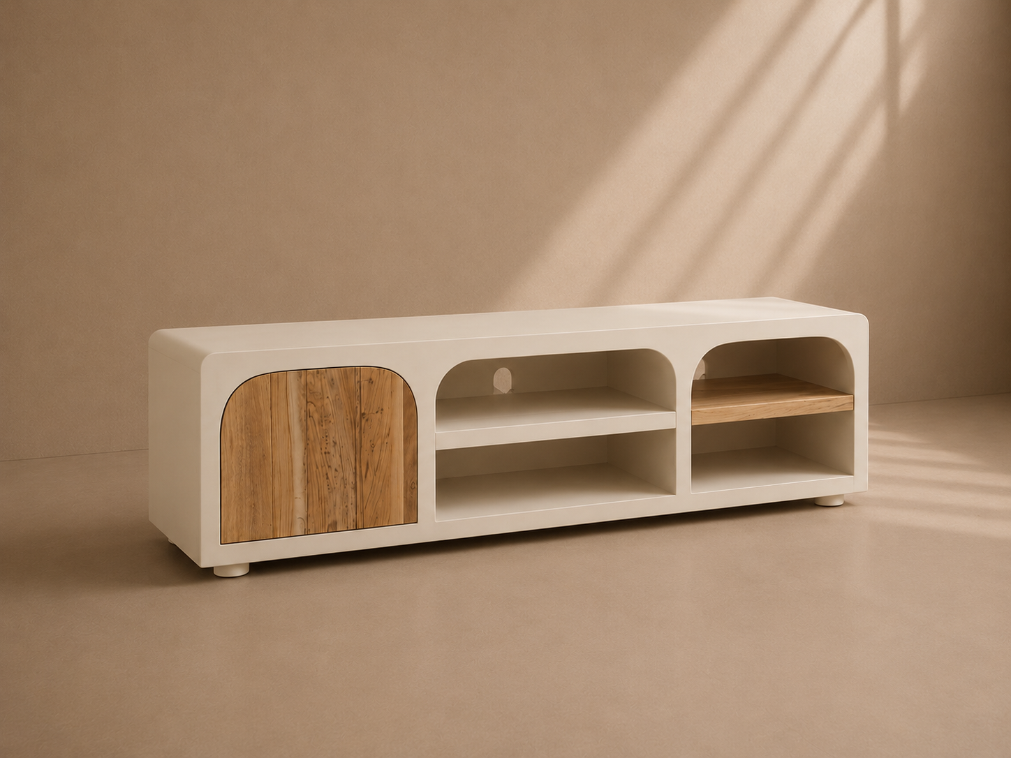 BUIZA - Mueble TV de diseño blanco crema y madera reciclada de 165 cm