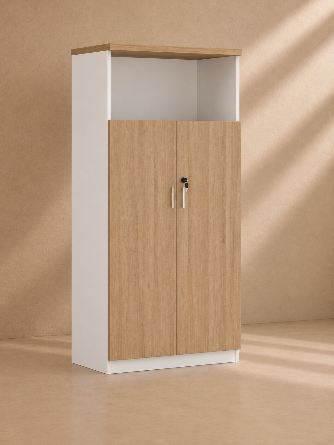BROTO - Armario alto de oficina blanco y roble 160 cm – Almacenamiento profesional