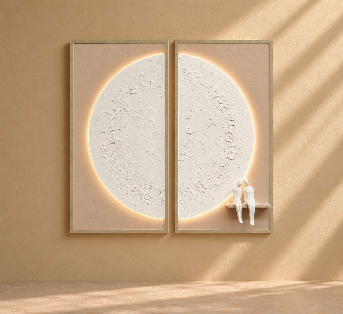 BAGES - Cuadro Bajo la Luna 100 % óleo con marco de madera LED en relieve 63 x 123 cm – lote de 2