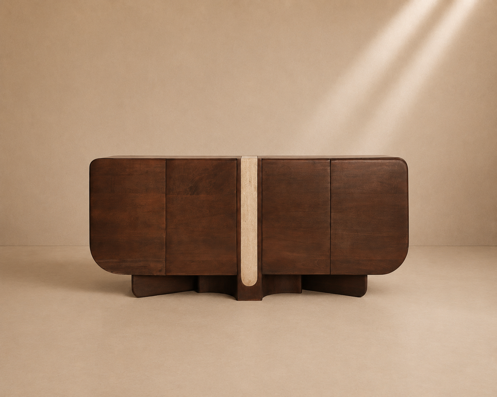 SINEU - Buffet en bois de manguier et travertin 180 cm – 4 portes