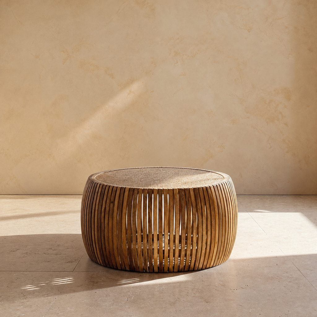 PEYRAT - Mesa de centro de madera y ratán para salón, 75 × 75 × 43 cm