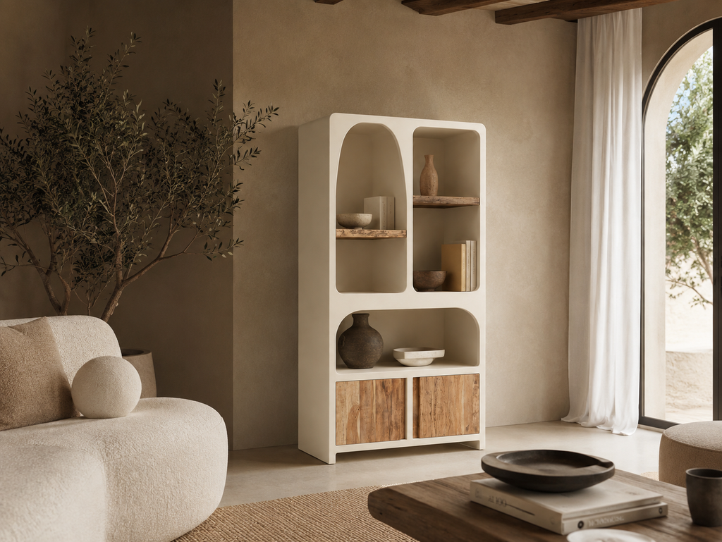BUIZA - Estantería en MDF blanco crema y madera reciclada 180 cm