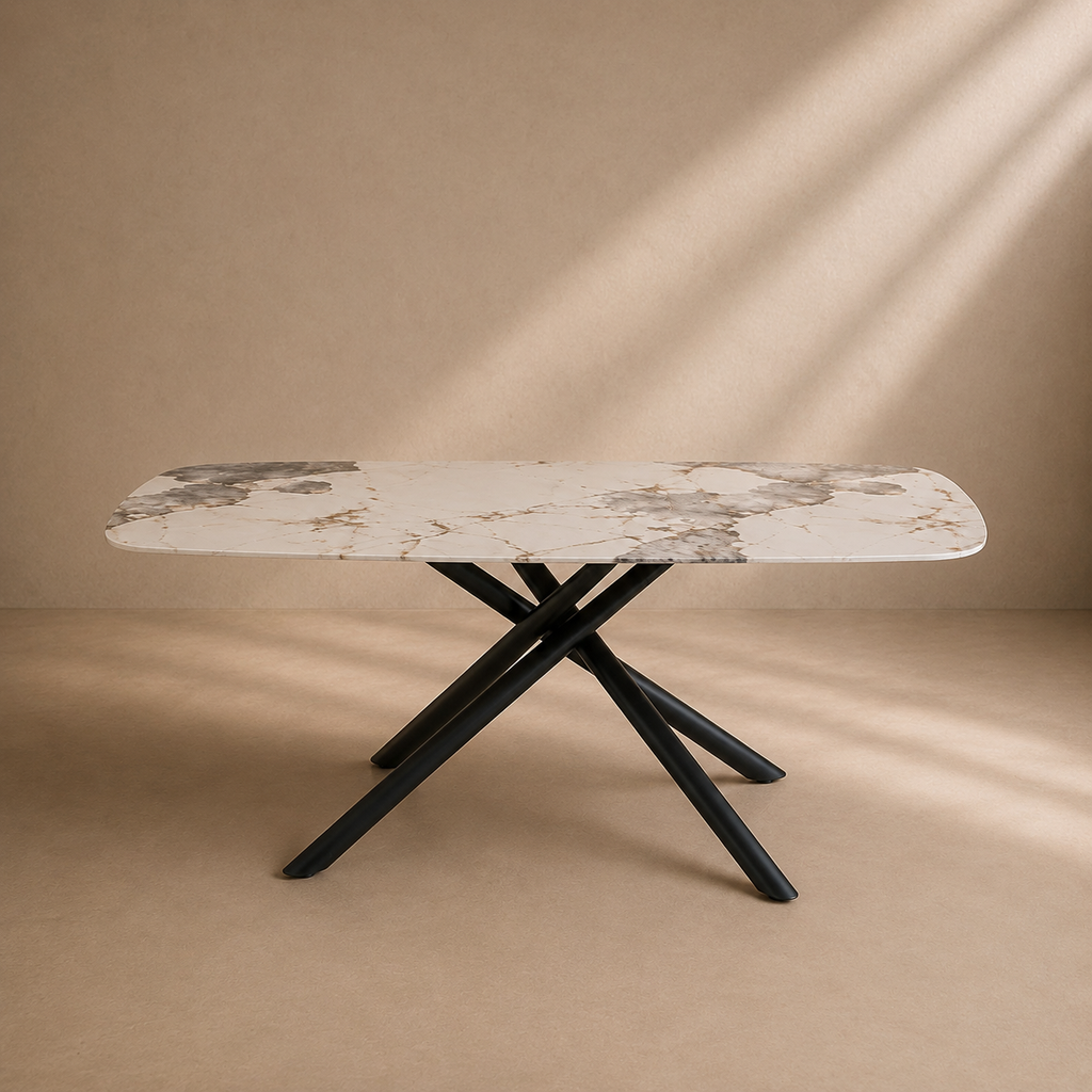 MAINA - Mesa de jantar de design 160 x 90 cm com efeito mármore em vidro temperado e metal preto